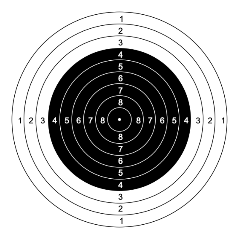 Diagram of a 10m air rifle target, showing concentric scoring rings numbered 1 to 10 from the outer edge to the centre
