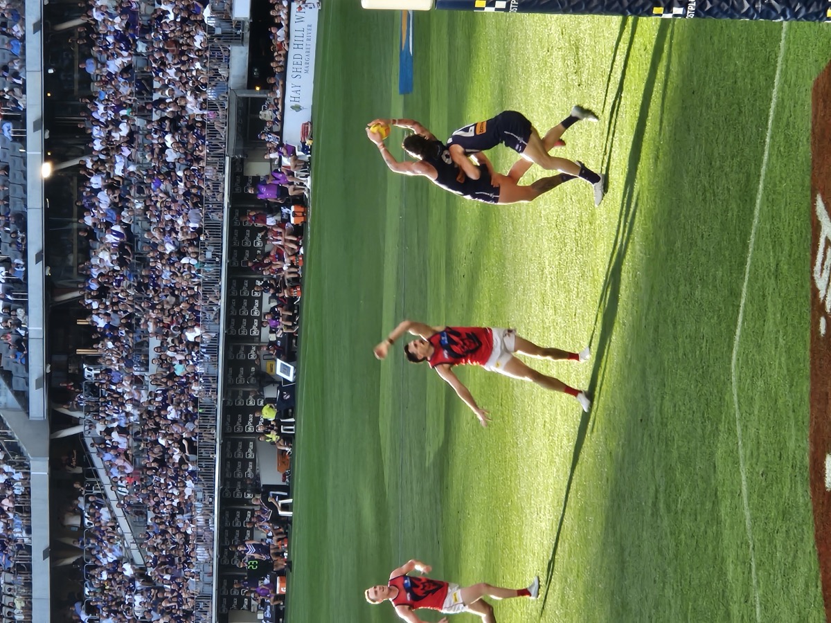 A Fremantle Dockers player contests a high mark during a 2026 AFL match, with a packed crowd in the background
